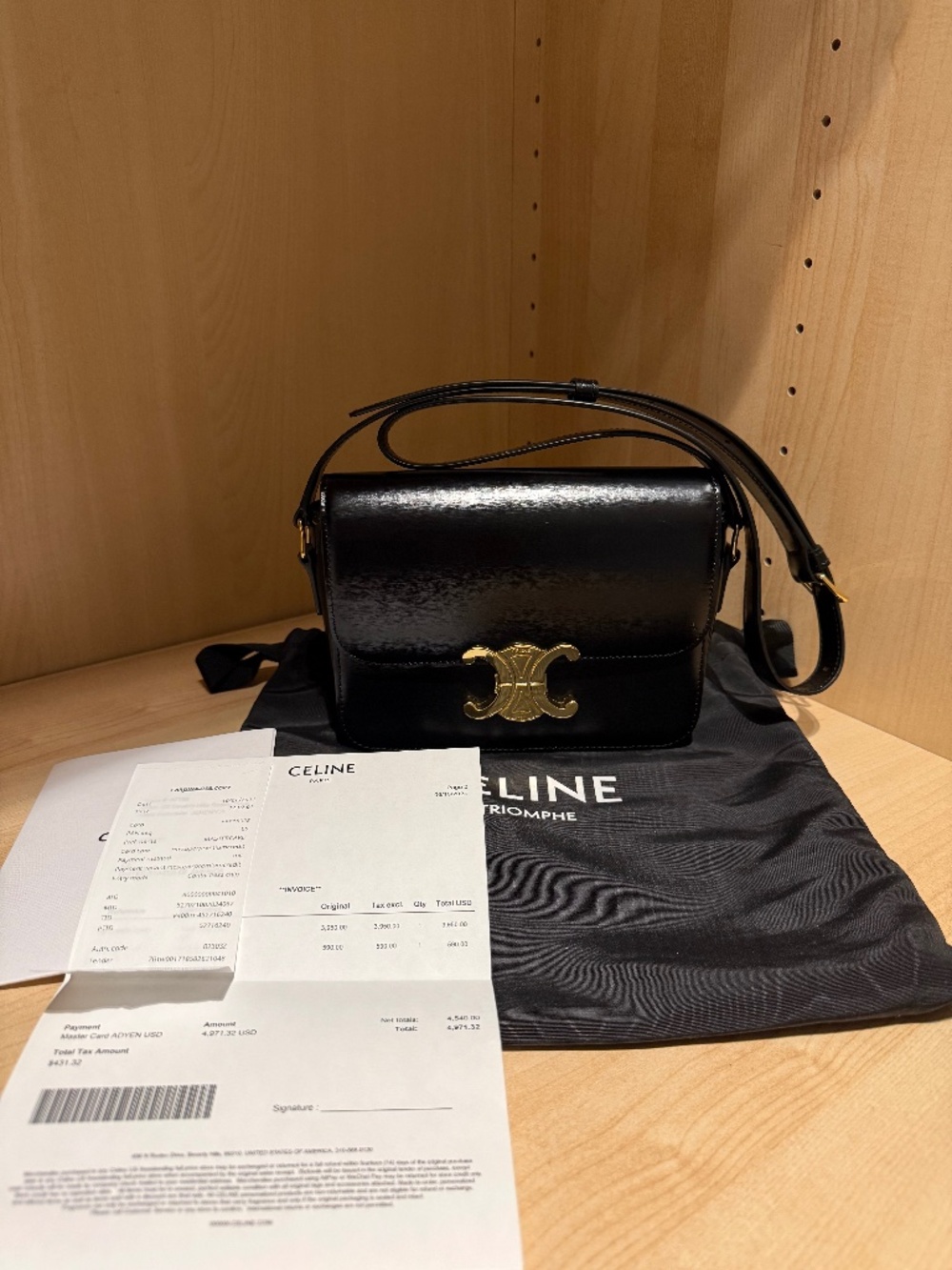 Celine Teen Triomphe Black Shiny Calfskin Bag | Gold Hardware | Receipt